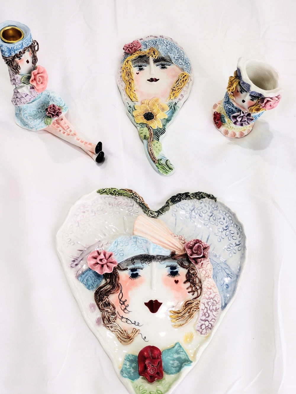 Painted Ceramic Face Set of Four Pastel Floral For Girls.